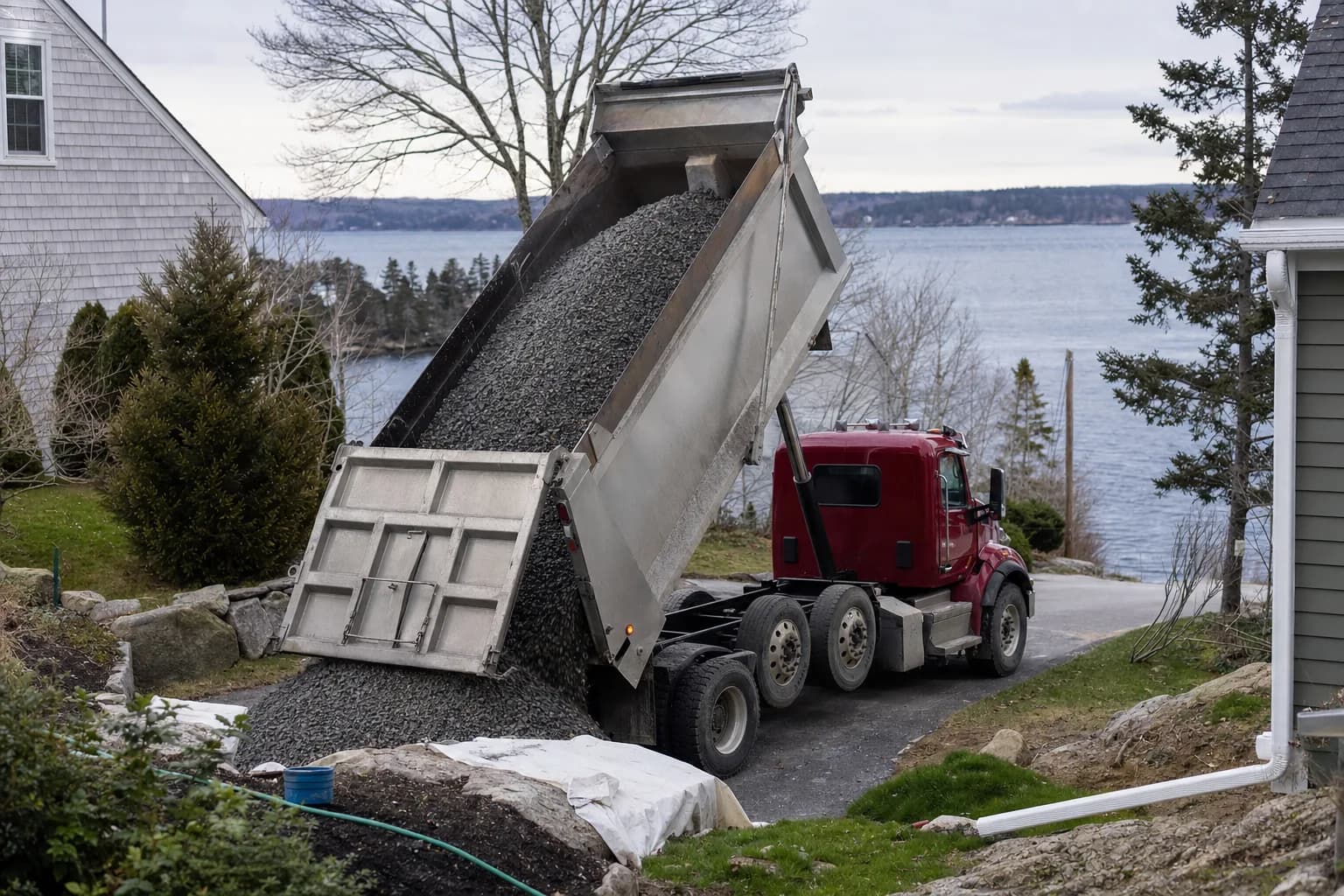 Dump truck delivering gravel
